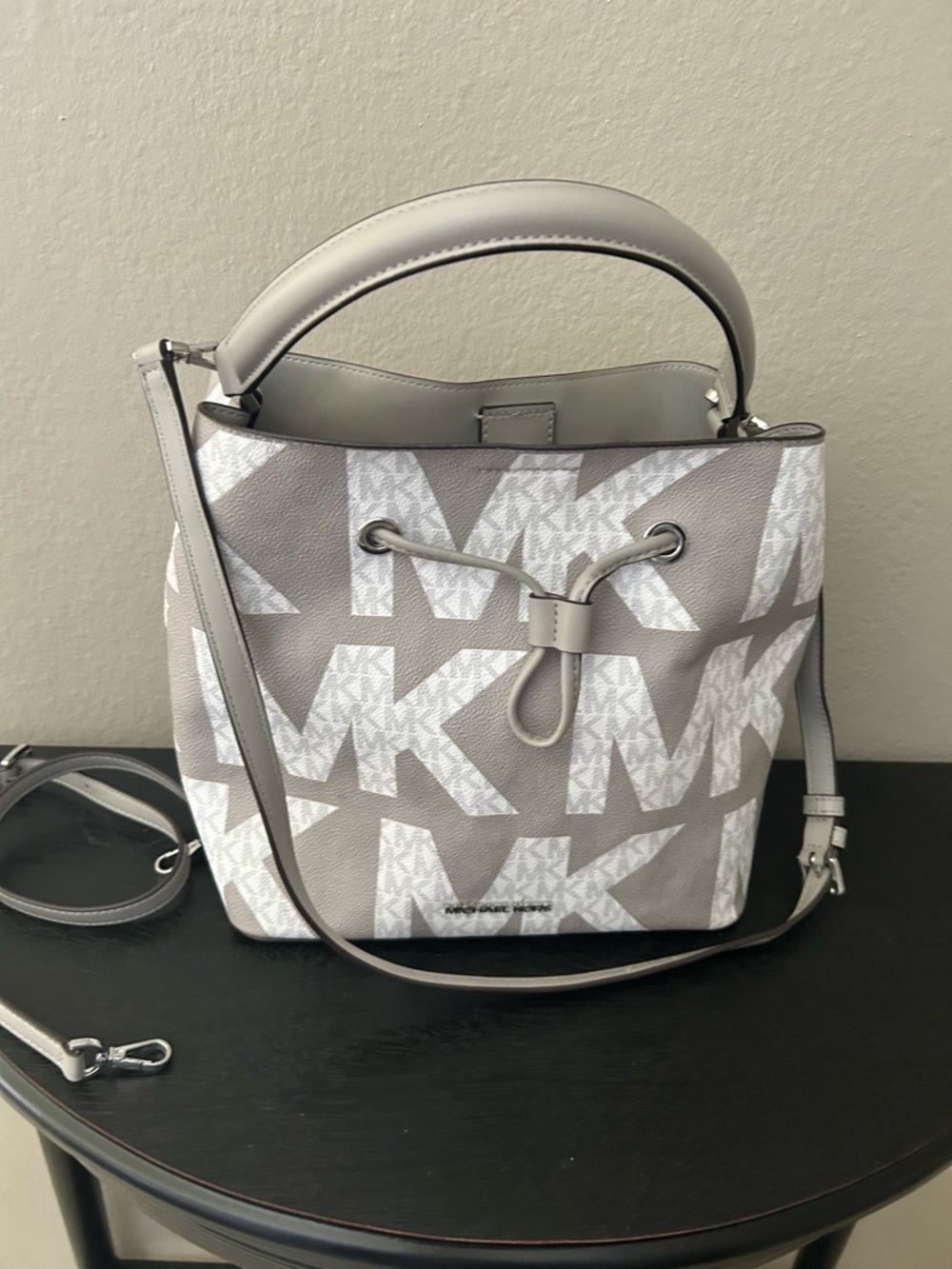 Michael Kors Light Gray MK Logo Drawstring Shoulder Tote - Picture 6 of 15